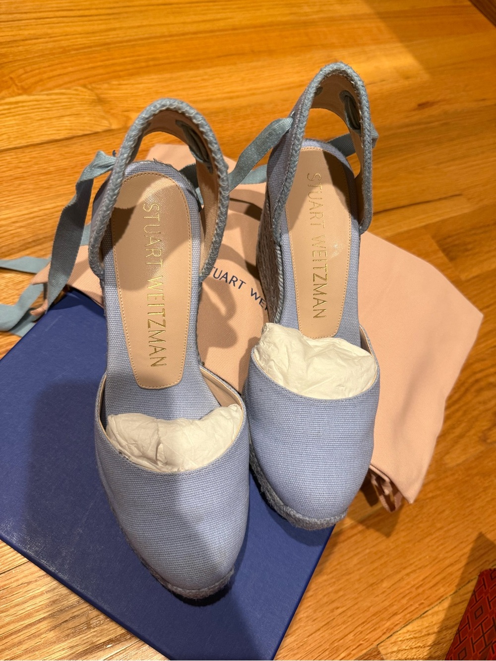Stuart Weitzman Light Blue Canvas Espadrille Wedge Slingbacks